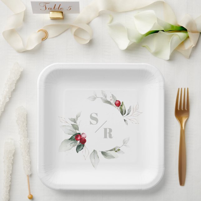 Assiettes En Carton Red Berries Holiday Chevaucher son et son monogram (Mariage)
