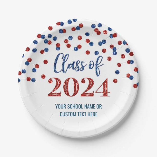 Assiettes En Carton Red Blue Confetti Graduation 2024 (Devant)