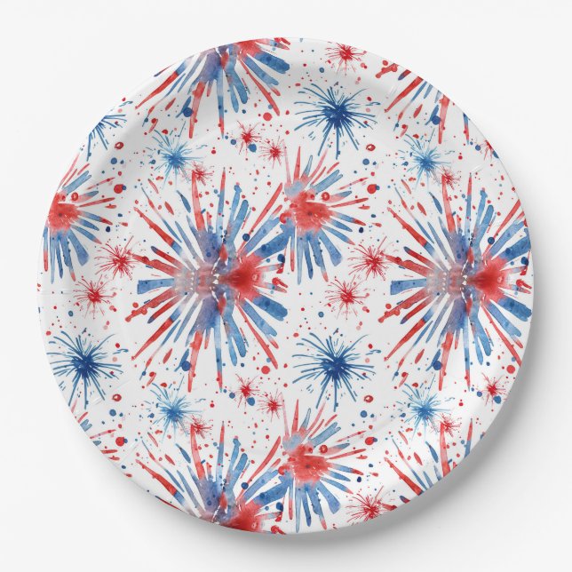 Assiettes En Carton Red Blue Fireworks 4 juillet Plaque (Devant)