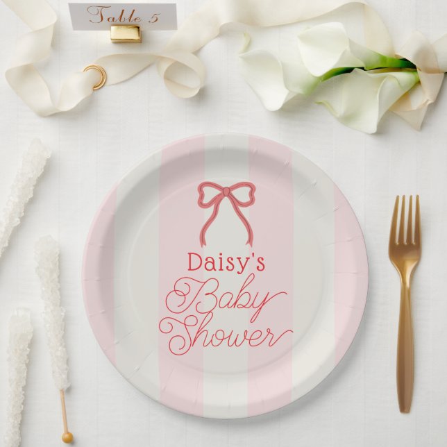 Assiettes En Carton Red Bow & Pink Stripes Baby Shower (Mariage)