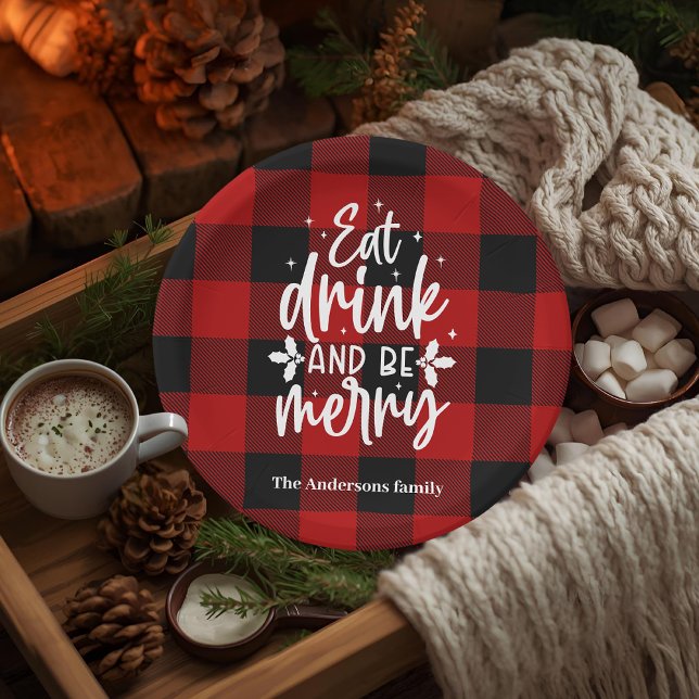 Assiettes En Carton Red Buffalo Plaid “Eat, Drink & Be Merry”  (Créateur téléchargé)