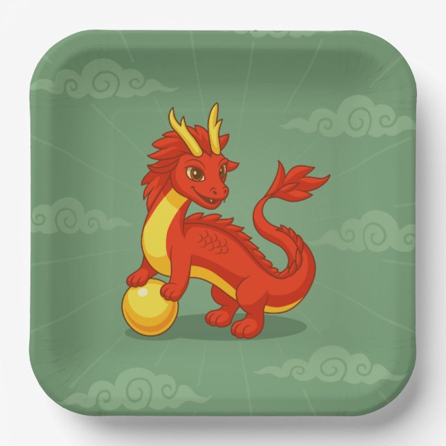 Assiettes En Carton Red Chinese Dragon on Green (Recto)