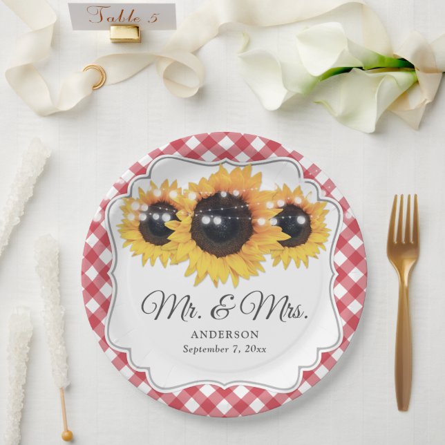 Assiettes En Carton Red En vichy Sunflower M. et Mme Mariage (Mariage)