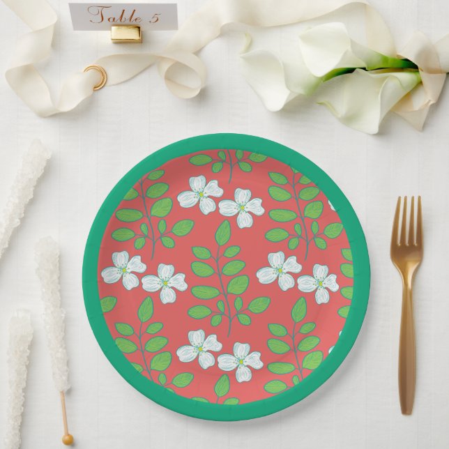 Assiettes En Carton  Red Floral White Blossoms & Green Leaves (Mariage)