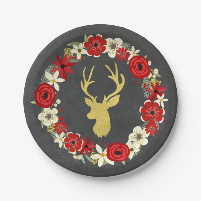 Assiettes En Carton Red Floral Wreath Gold Deer Chalkboard Noël (Devant)