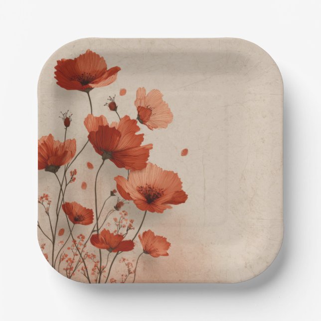 Assiettes En Carton Red flowers. (Recto)