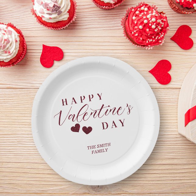 Assiettes En Carton Red Glitter Happy Valentine's Day Hearts (Red Glitter Effect Happy Valentine's Day Hearts Plates.)