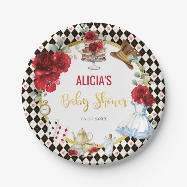 Assiettes En Carton Red Gold Alice au Pays des merveilles Baby shower  (Devant)