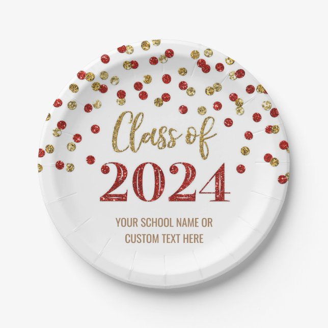 Assiettes En Carton Red Gold Confetti Graduation 2024 (Devant)