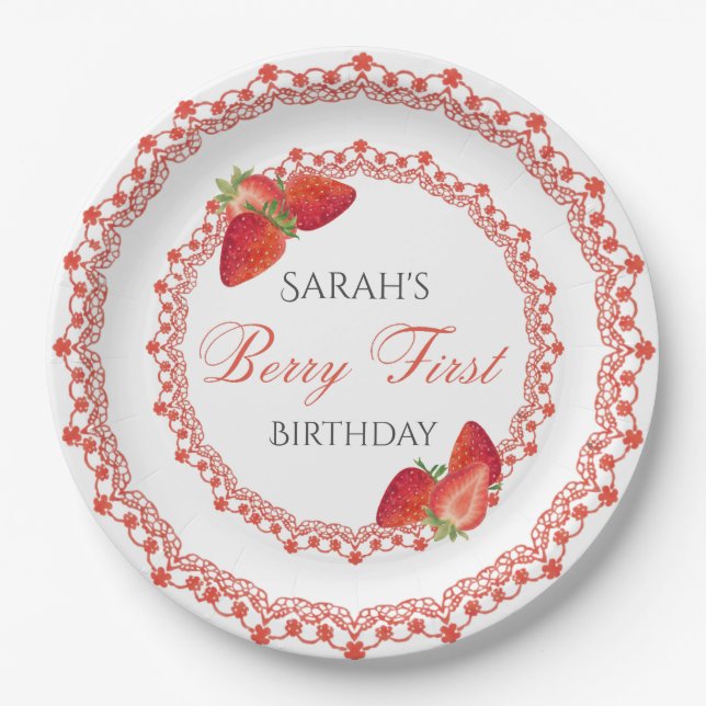 Assiettes En Carton Red Lace Berry First Birthday (Devant)