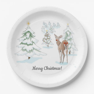 Assiettes En Carton Red Nose Deer dans les vacances en bois neigeux