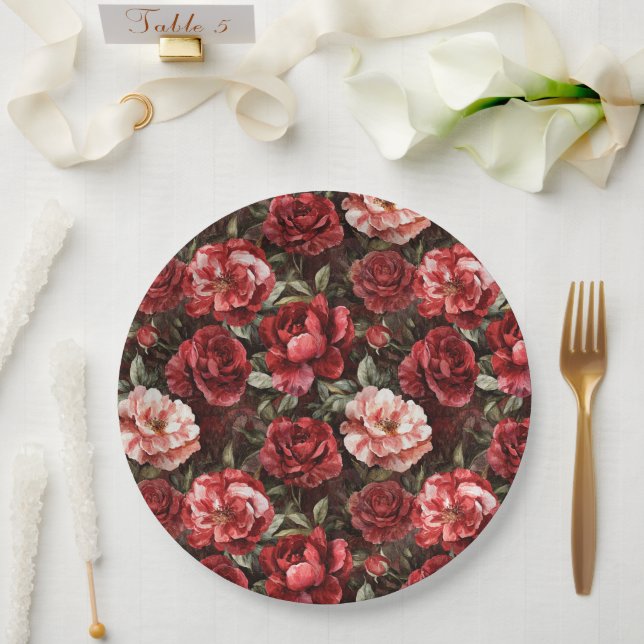 Assiettes En Carton Red Pink Rose Flowers (Mariage)