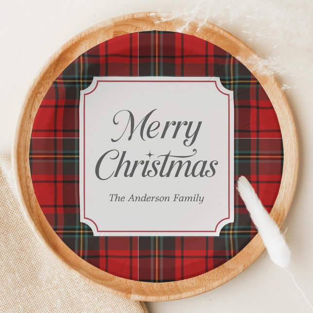 Assiettes En Carton Red Plaid Merry Christmas Round (Red Plaid Modern Merry Christmas Holiday Paper Plate)