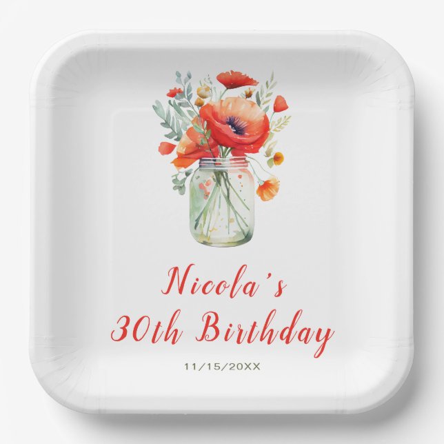 Assiettes En Carton Red Poppies Mason Jar Anniversaire (Recto)