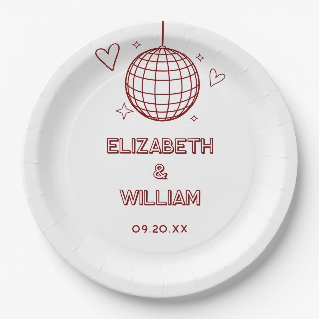 Assiettes En Carton Red Retro Disco Super les années 70 Mariage (Devant)