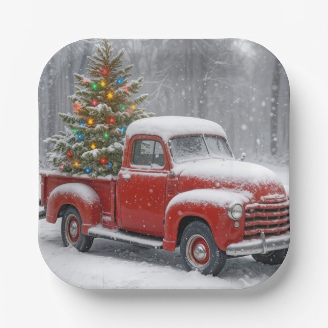 Assiettes En Carton Red Retro Truck With Christmas Tree (Recto)