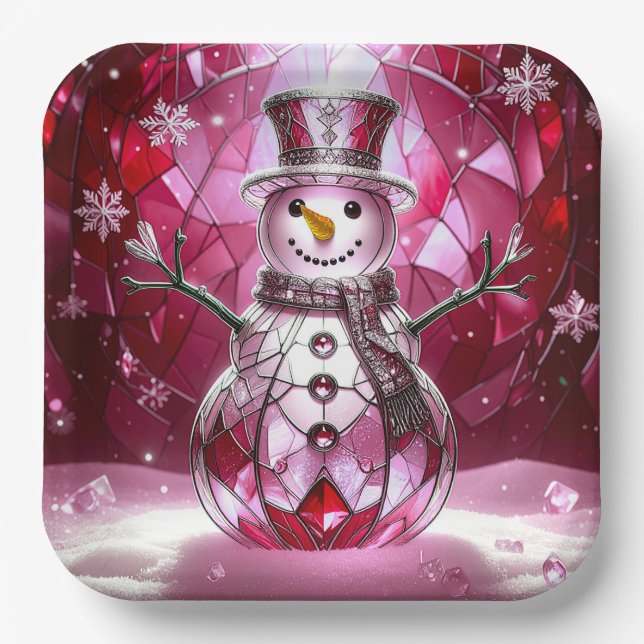 Assiettes En Carton Red Snowman Snowflakes Holiday Paper Plate (Recto)