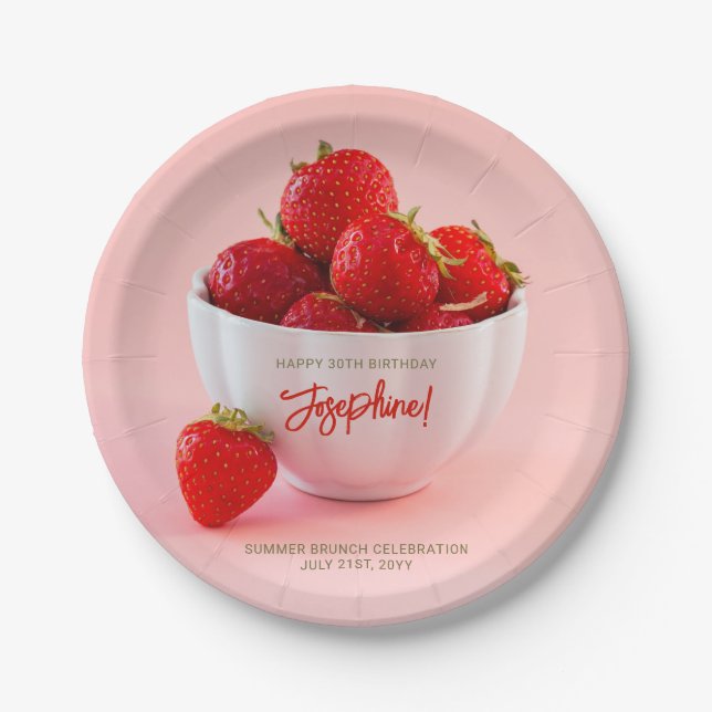 Assiettes En Carton Red Strawberry Photo Summer Brunch Happy Birthday (Devant)