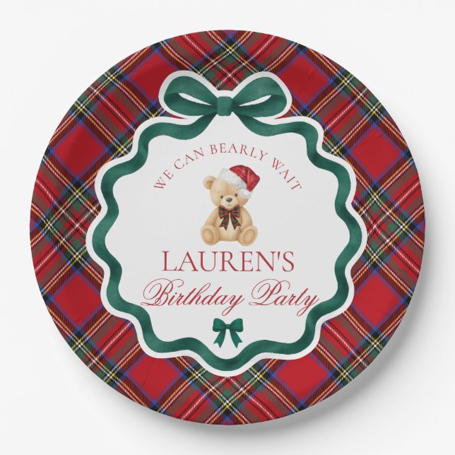 Assiettes En Carton Red Tartan Plaid Christmas Bear Birthday Party  (Devant)