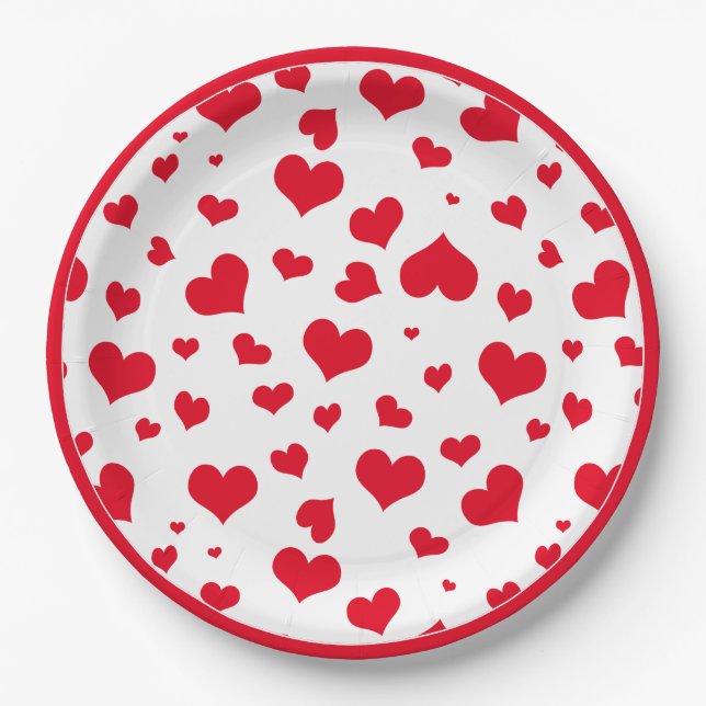 Assiettes En Carton Red Valentine Hearts Random Scattered Motif (Devant)