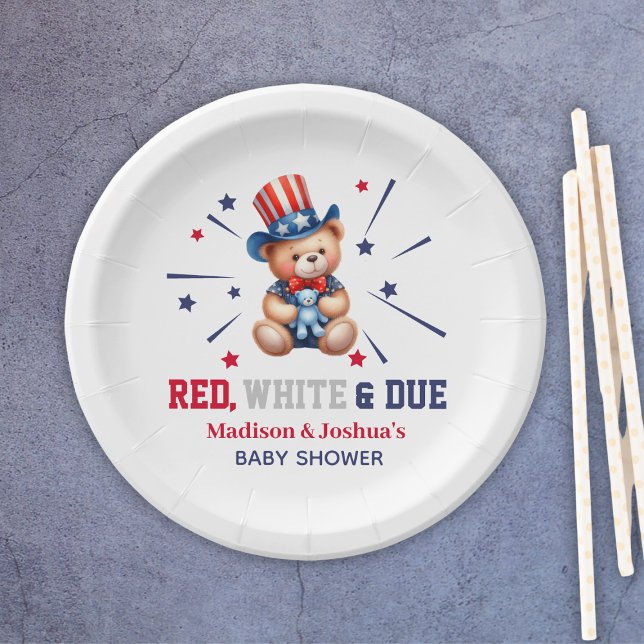 Assiettes En Carton Red White Due Bear 4 juillet Baby shower (Red White Due Bear 4th Of July Baby Shower Paper Plates
)