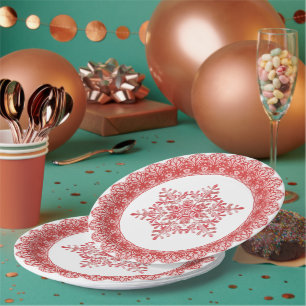 Assiettes En Carton Red Winter Snowflon bord dentelle