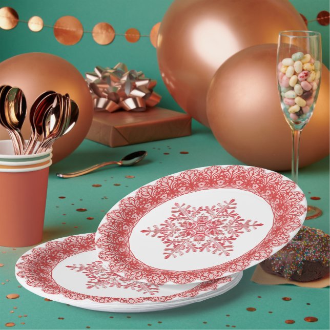Assiettes En Carton Red Winter Snowflon bord dentelle (Multi)