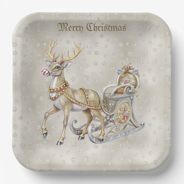 Assiettes En Carton Reindeer Sleigh Plaque en papier de vacances (Recto)