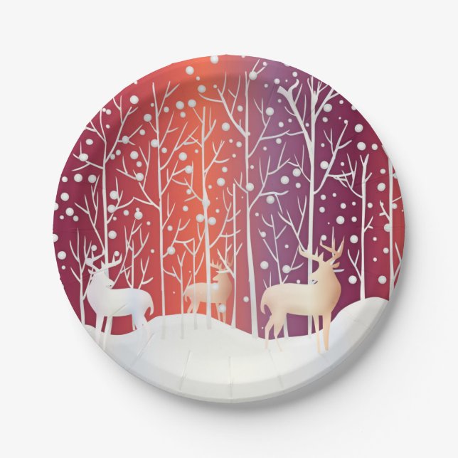 Assiettes En Carton Reindeer Snowy Plaque en papier de vacances (Devant)