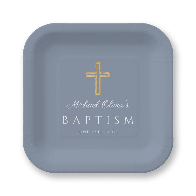 Assiettes En Carton Religieux Dusty Bleu Script Croix Baptême garçon (Religious Dusty Blue Script Cross Boy Baptism Paper Plates)