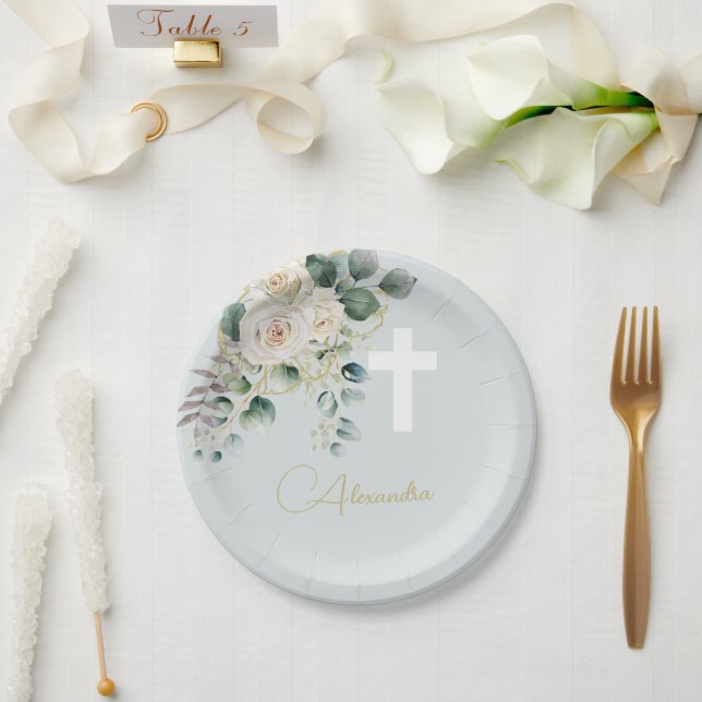 Assiettes En Carton Religieux Elegant Rose Green Wash Cross (Mariage)