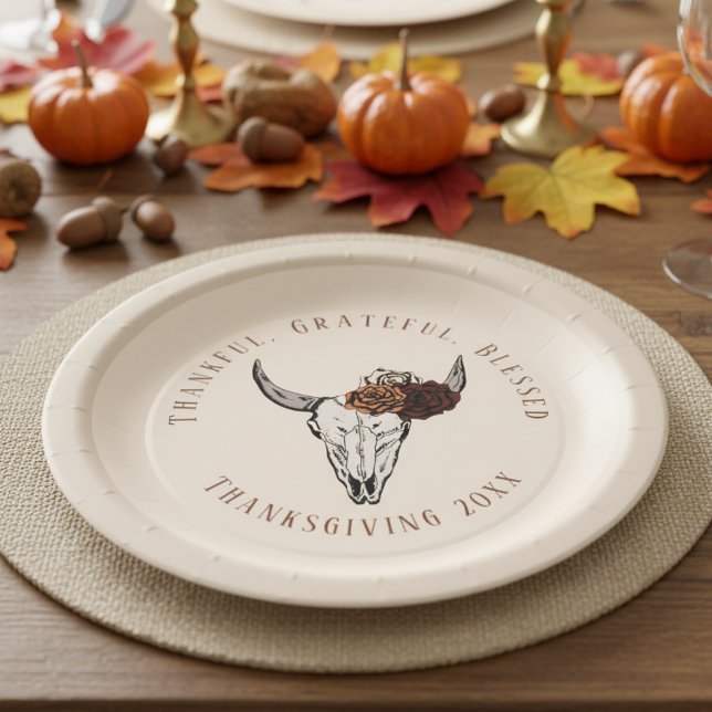 Assiettes En Carton Remerciements à l'Occident béni Thanksgiving (Elegant Country Gothic Fall Floral Cow Skull Thanksgiving Paper Plates. Thankful Grateful Blessed)