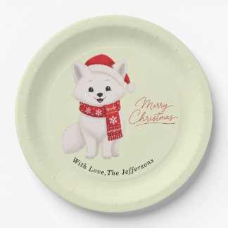Assiettes En Carton Renard arctique mignon avec chapeau de Père Noël e