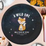 Assiettes En Carton Renard cosmique Wild One Rose Girl Baby shower<br><div class="desc">Un bébé cosmique créatures thème de baby shower boisé avec l'illustration d'un bébé renard entouré d'étoiles. Le renard a le coeur rose sur le visage et les étoiles sur la tête. Personnalisez le texte. Arrière - plan est un design d'aquarelle d'inspiration cosmique.</div>