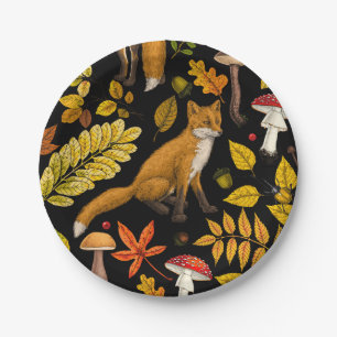 Assiettes En Carton Renard d'automne sur noir