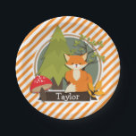 Assiettes En Carton Renard des bois; bandes orange et blanches<br><div class="desc">Renard boisé, arbre, champignon, cool et coloré pour enfant ; motif Orange et White Stripes. Un cadeau parfait pour bébé, tout-petits, enfants, enfants, ados ou adultes ! Personnalisez la conception en ajoutant le nom d'un enfant ou le texte personnalisé. Visitez notre magasin, Birthday Party House, pour plus de produits pour...</div>