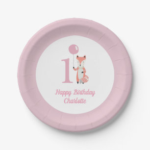 Assiettes En Carton Renard lunaire et ballon rose joyeux anniversaire