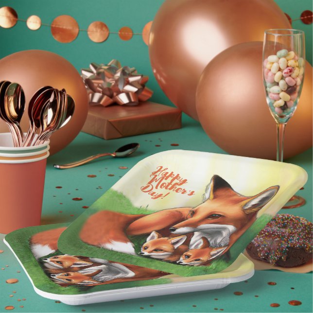 Assiettes En Carton Renard rouge Mère et Kits dans l'herbe (Multi)