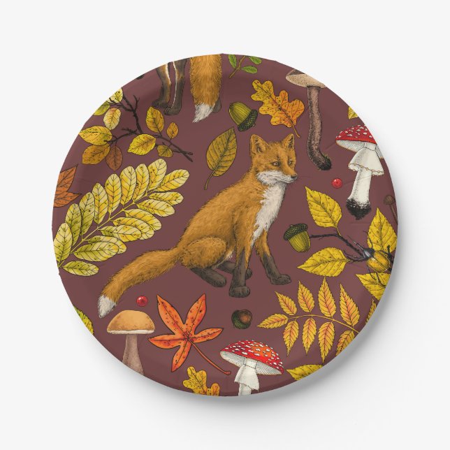 Assiettes En Carton Renards d'automne sur chocolat brun (Devant)