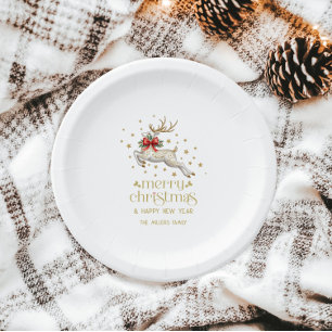 Assiettes En Carton Renne de Noël blanc or