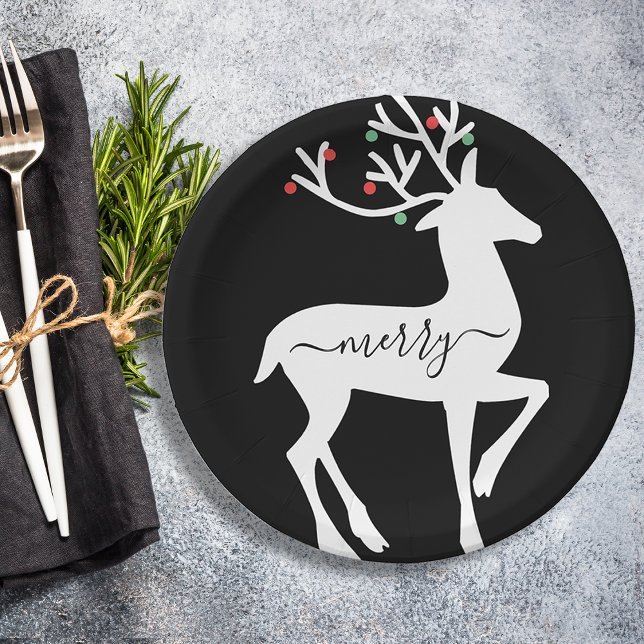 Assiettes En Carton Renne de Noël Joyeux Noir (Christmas Reindeer Merry Black Paper Plates)