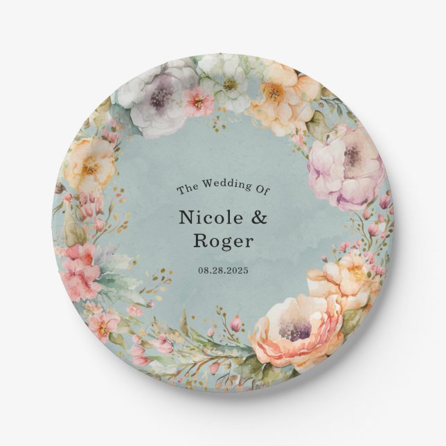 Assiettes En Carton Renouveler Blue et Spring Peony Chic Mariage (Devant)