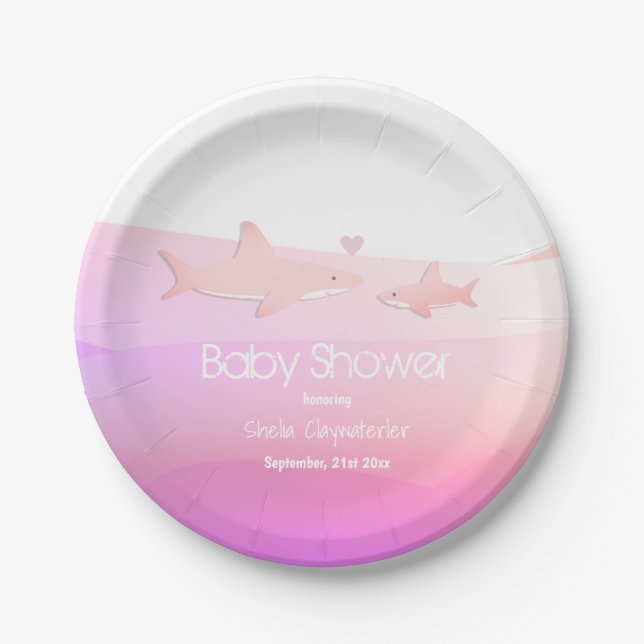 Assiettes En Carton Requin Baby shower Pink Océan Cuisine sous la mer  (Devant)