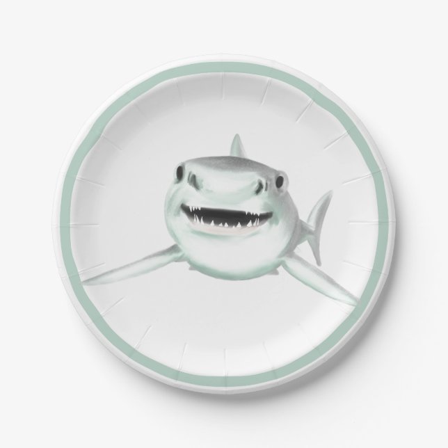 Assiettes En Carton requin d'aquarelle souriant gris vert vert animal  (Devant)