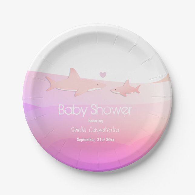 Assiettes En Carton Requins mignons et rose océan | BABY SHOWER (Devant)
