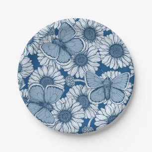 Assiettes En Carton Ressort bleu, fleurs sauvages, marguerites