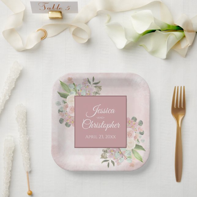 Assiettes En Carton Ressort Floral Dusty Rose Boho Mariage d'aquarelle (Mariage)