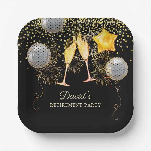 Assiettes En Carton Retraite Gold Black Confetti Champagne Pa (Recto)