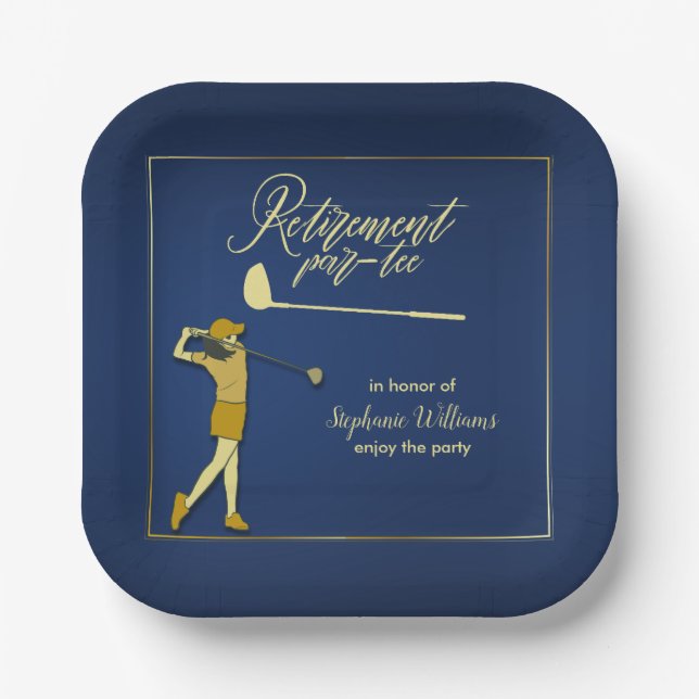 Assiettes En Carton Retraite Golf Party Classic Blue Golden Woman (Recto)