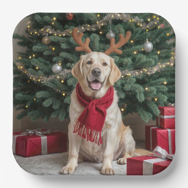 Assiettes En Carton Retriever Labrador de Noël avec Antlers (Recto)